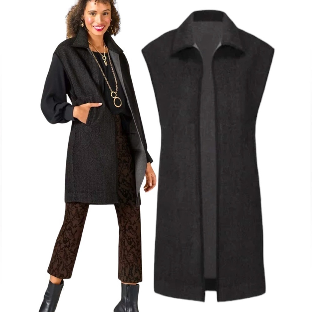 Cabi Novel Vest #4402 Gray Herringbone Tweed Sleeveless Long Vest